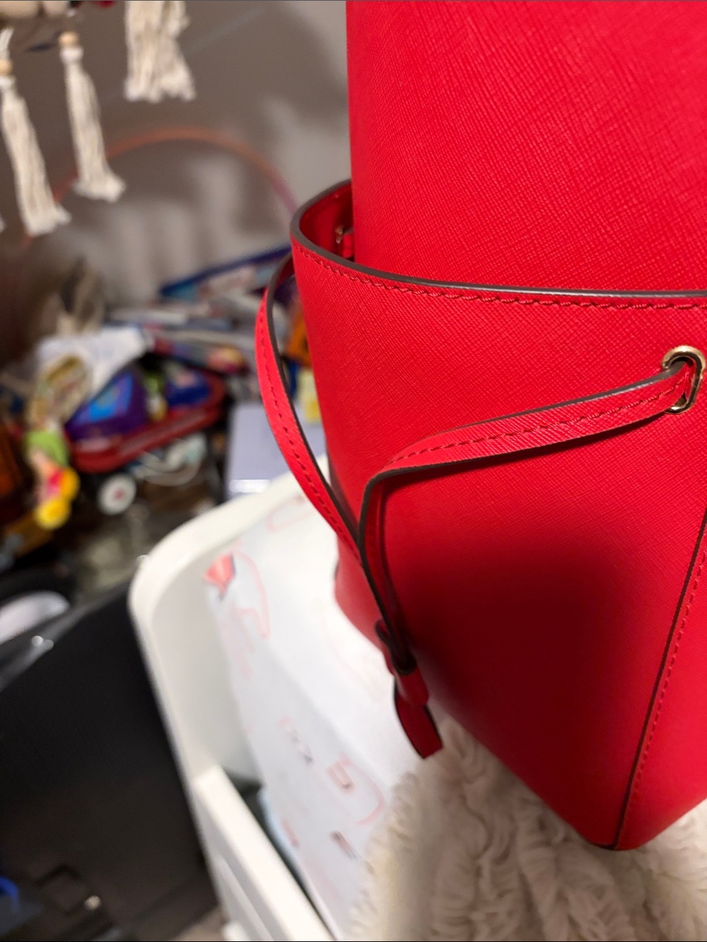 Michael Kors Bright Red Saffiano Leather Tote with Gold Accents - Picture 8 of 10